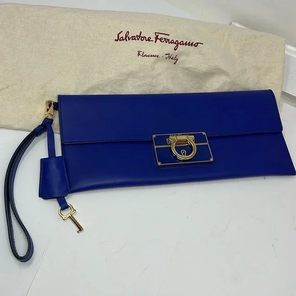 Salvatore Ferragamo Blue Leather Afef Gancio Clutch Wristlet - New Condition - Picture 1 of 15